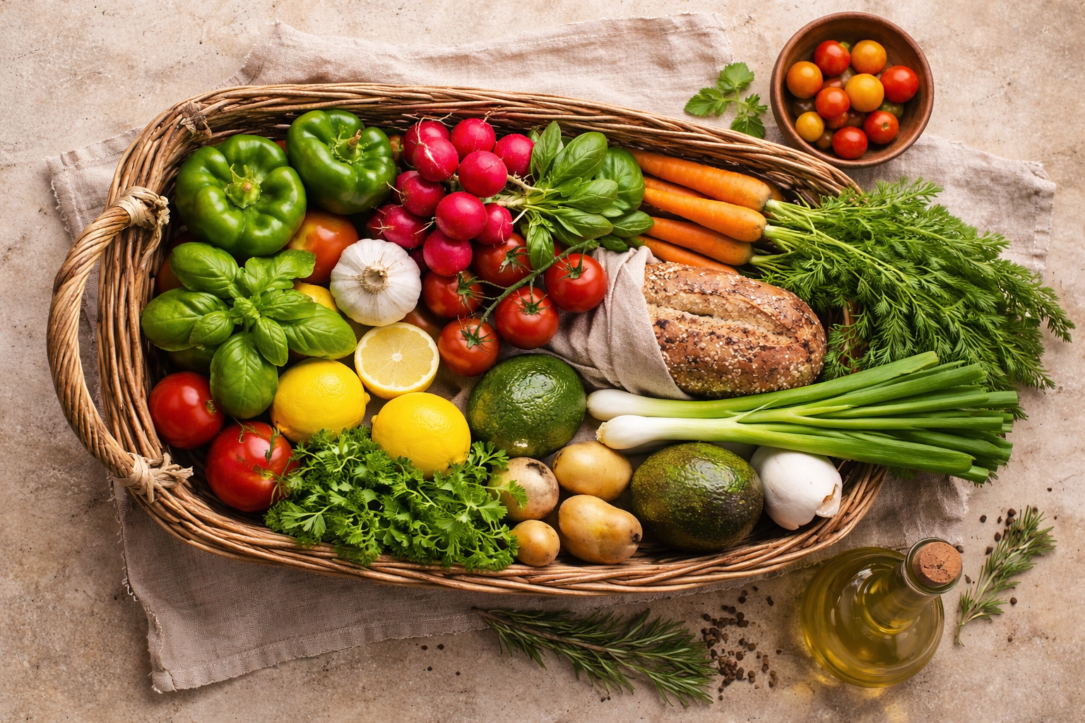 Fresh local produce arranged in a vibrant market-inspired composition.